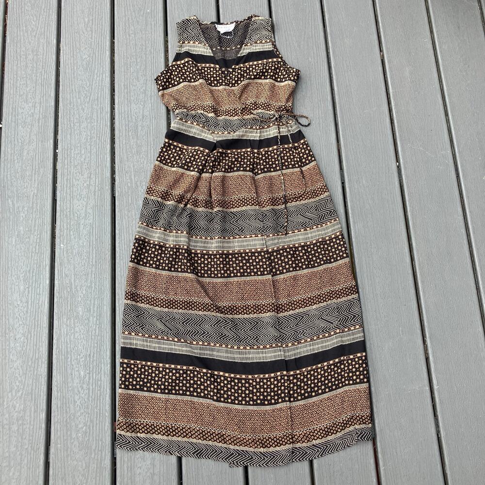 Brown black printed bohemian striped midi wrap dress, boho chic hippie
